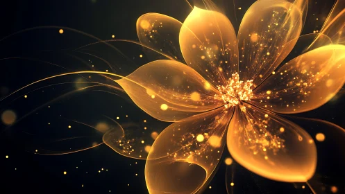 Glowing golden abstract flower with luminous petals on black