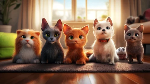 Five Digitally Rendered Cats Seated on Floor.