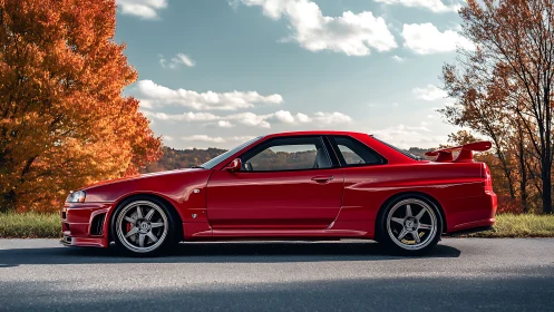 Red sports coupe in side profile under warm autumn daylight