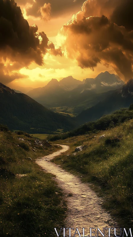 Mountain valley path under dense golden sunset clouds.