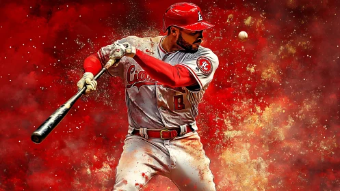 Baseball hitter swings bat amid explosive red abstract motion