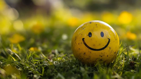 Weathered yellow smiley ball rests in shallow depth of field lawn