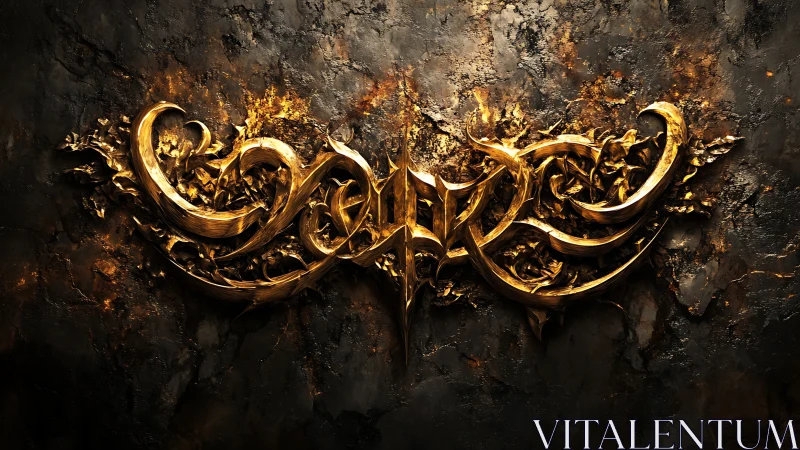 Gilded baroque calligraphy emblem on textured basalt wall.