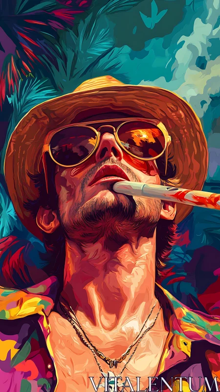 Sunlit bohemian portrait in neon-tropical palette.