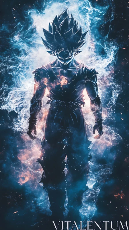 Cosmic warrior rising within swirling blue firelight.