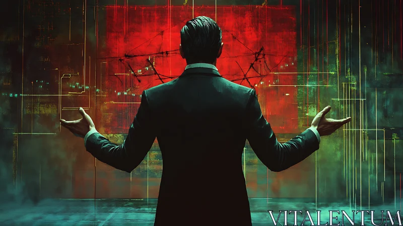 Power‑poised strategist before a burning data canvas.