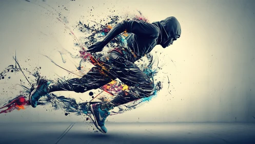 Hooded sprinter erupts into neon paint and kinetic energy.