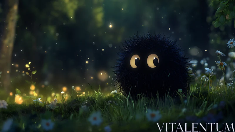 Small dark furry creature observes glowing lights in grass