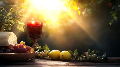 Sunlit garden table glows with wine, fruit, and rustic bread