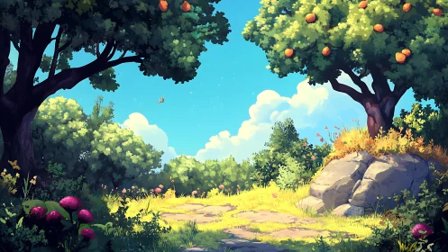 Pastoral landscape with fruit trees and rocky meadow.