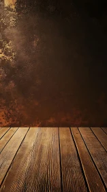 Wooden floor and textured brown wall in warm lighting.