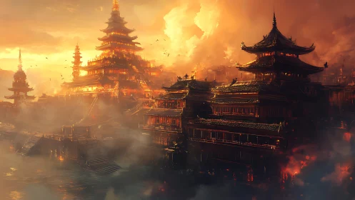 Incandescent tiered pagoda complex in volcanic stormlight.