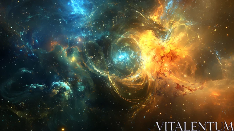 Starlit cosmic storm swirls in glowing blue and golden light