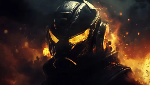 Armored sci fi soldier helmet engulfed in blazing fire.