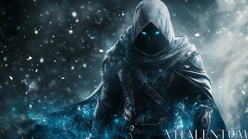 Hooded spectral warrior emerges amid swirling blue energy.