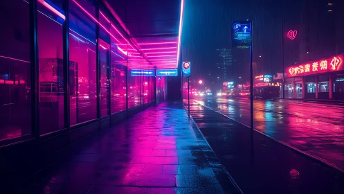 Neon lit city street in rain with reflective wet pavement.