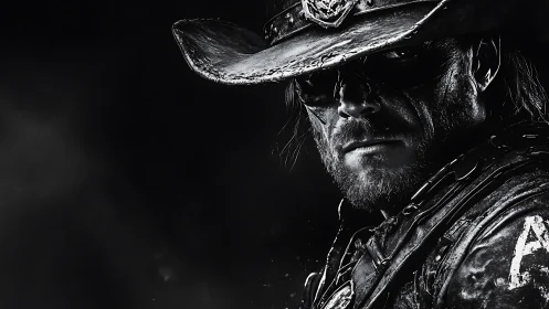 Grim shadow cowboy stares through the storm-black silence.