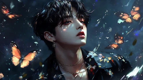 Ethereal youth gazes upward amid luminous monarch butterflies