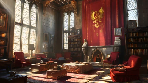 Gothic reading lounge with heraldic tapestry and volumetric light.