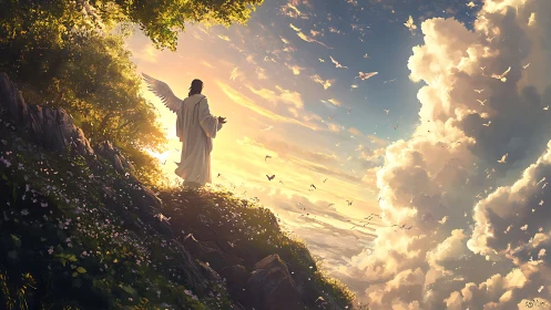 Angel lingers on a cliff while dawn unwinds across the sky