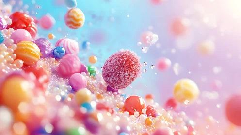 Colorful spheres suspended in blue-pink gradient field.