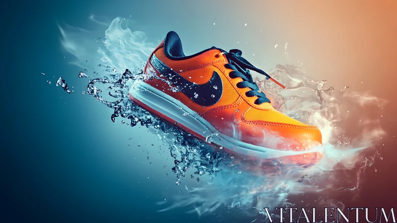Electric orange sneaker surges through splash-frozen water.