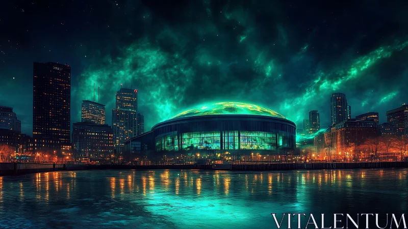 Futuristic domed arena under teal night sky glow.