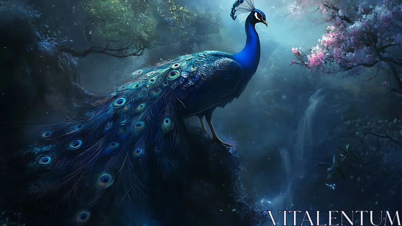Mystic blue peacock overlooks moonlit enchanted waterfall