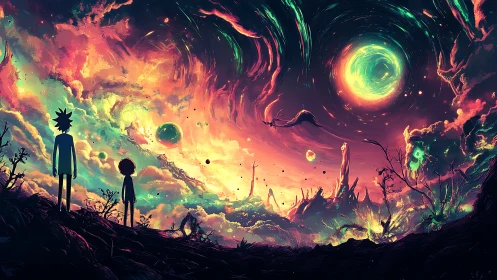 Binarized silhouettes surveying turbulent neon cosmic vortex field.