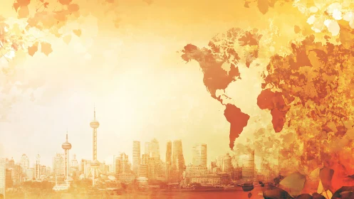 Watercolor world map overlay with luminous urban skyline composition.