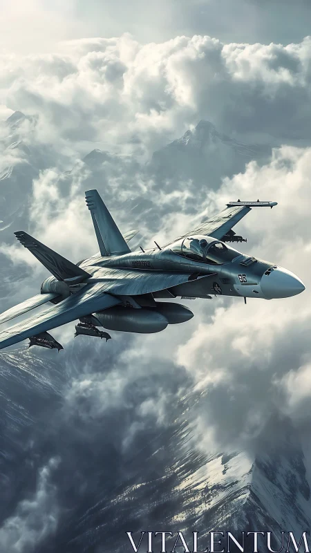 Fighter jet cuts through storm clouds above icy mountains.