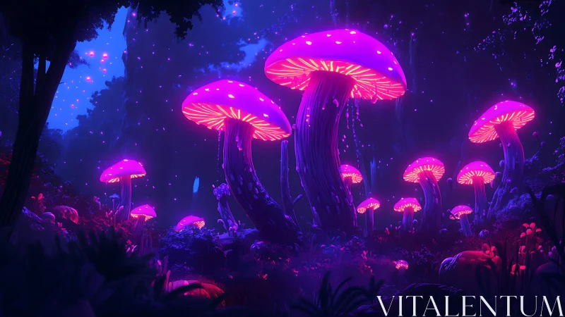 Neon moonrise of colossal glowing mushrooms in dreamlight forest.