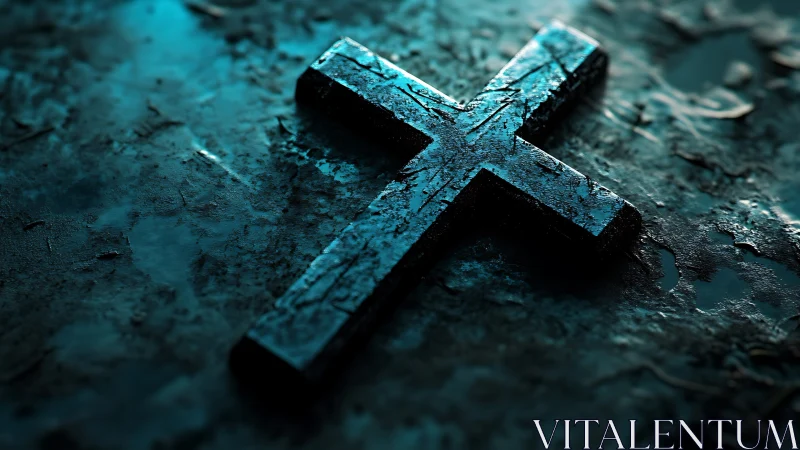 Textured metal cross rests on corroded wet surface under teal light