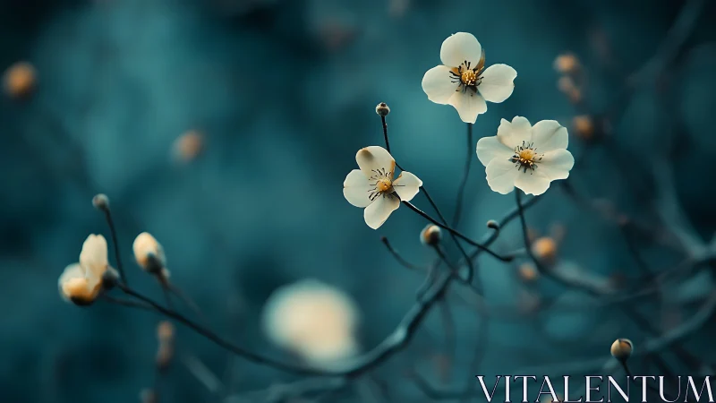 Delicate White Flowers Against Teal Bokeh Background.