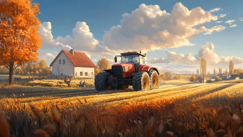Crimson harvest tractor rolling through sunlit golden fields.