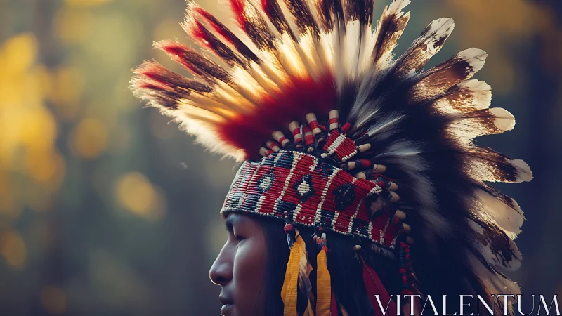 Profile portrait highlights elaborate feathered ceremonial headdress.