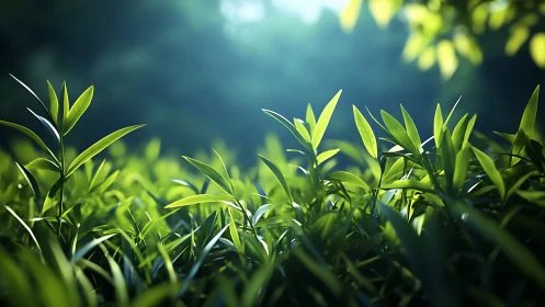 Sunlit tea leaves glow in soft morning forest light.