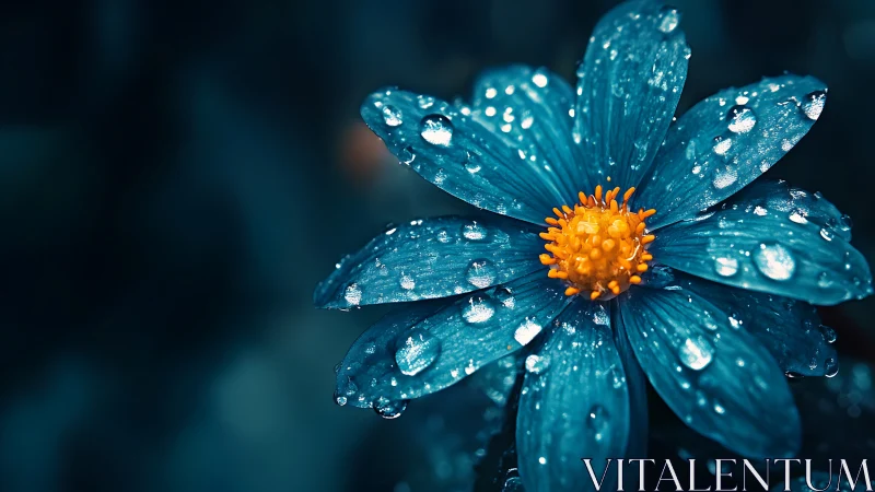 Turquoise Flower with Dew Drops and Bright Yellow Center.