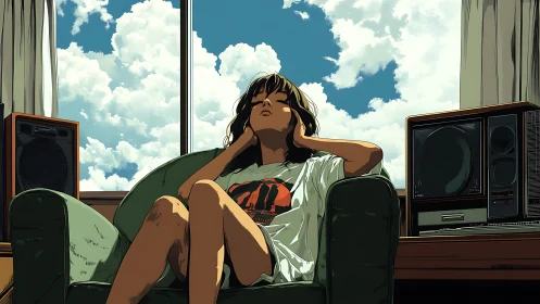 Summer day lounge with retro stereo and cloudlit window.