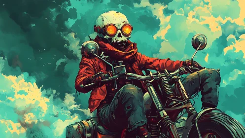 Post-apocalyptic skull rider accelerates through turbulent sky