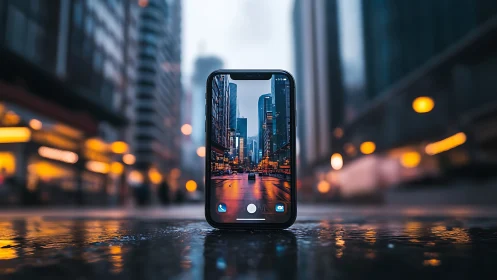 Smartphone framing wet city street at sunset in focus.