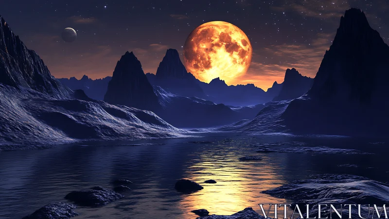 Lunar body over mountainous shoreline with reflective water.
