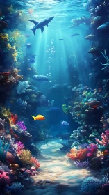 Subtropical coral reef corridor with fish and overhead shark.