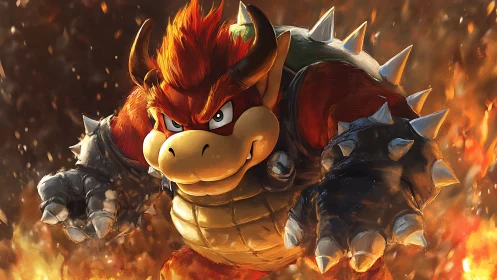 Fiery monster king lunges forward through blazing inferno.