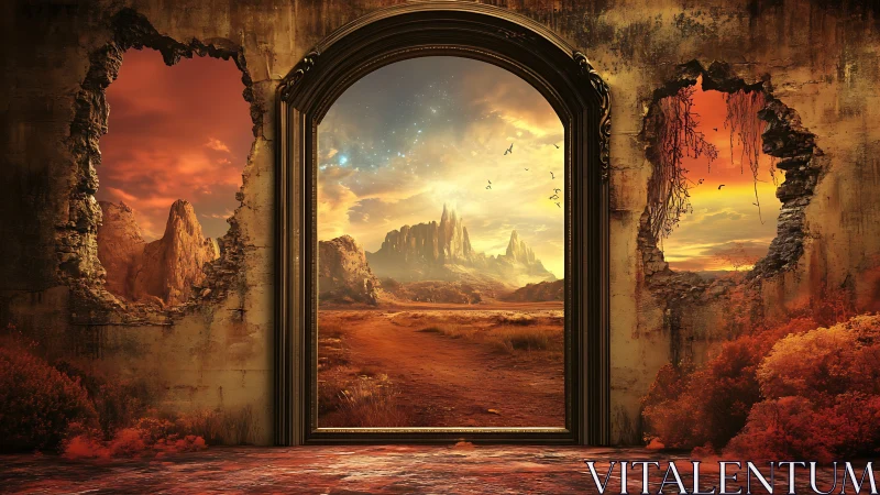 Portal-framed desert vista through decayed architectural shell.