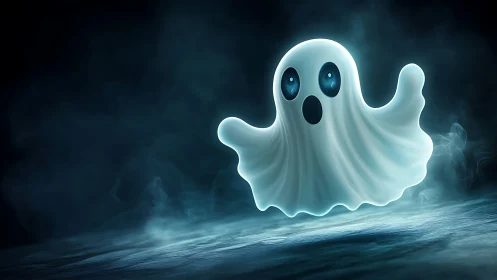 Cute glowing cartoon ghost floats in a misty blue void