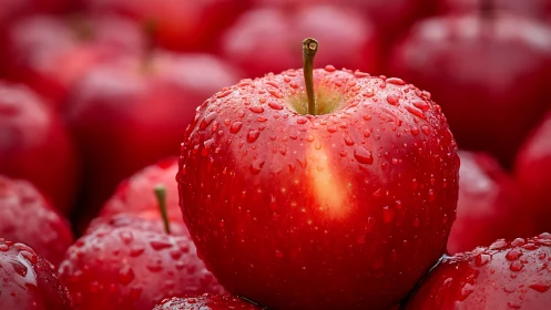 Single wet red apple in sharp focus among blurred fruit.