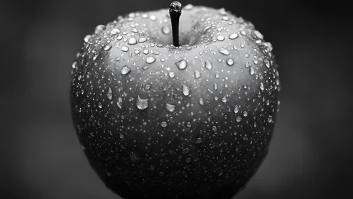 Monochrome macro apple study with high-contrast droplets.