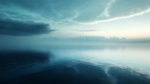 Calm blue seascape reflects soft dawn clouds on horizon line