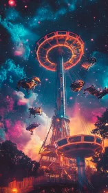 Starlit sky carousel soaring through neon cosmic twilight.